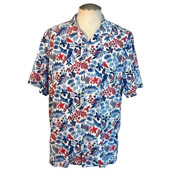 Tommy Bahama Shirt Mens XL 100% Silk Camp Hawaiian Floral Ref Blue White Button - Picture 1 of 9